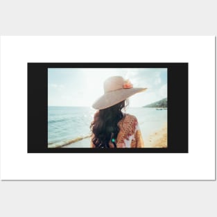 Elegant Woman With Straw Hat Walking Alone on Beach Posters and Art